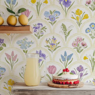 Vintage Spring Floral Scallop Peel and Stick Wallpaper, Colorful Garden Flower Arch Wall Mural, Bright Cottagecore Kitchen Decor