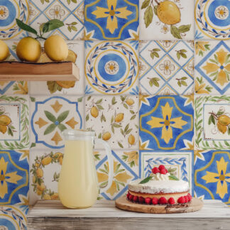 Mediterranean Blue and Yellow Tile Peel and Stick Wallpaper, Italian Majolica Lemon Pattern Wall Mural, Rustic Kitchen Backsplash Decor