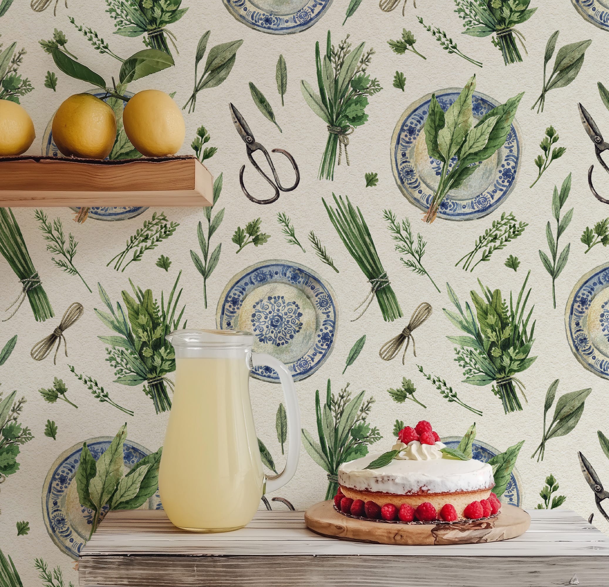 Watercolor Kitchen Herb and Blue Plate Peel and Stick Wallpaper, Vintage Botanical Culinary Wall Mural, Rustic Farmhouse Decor