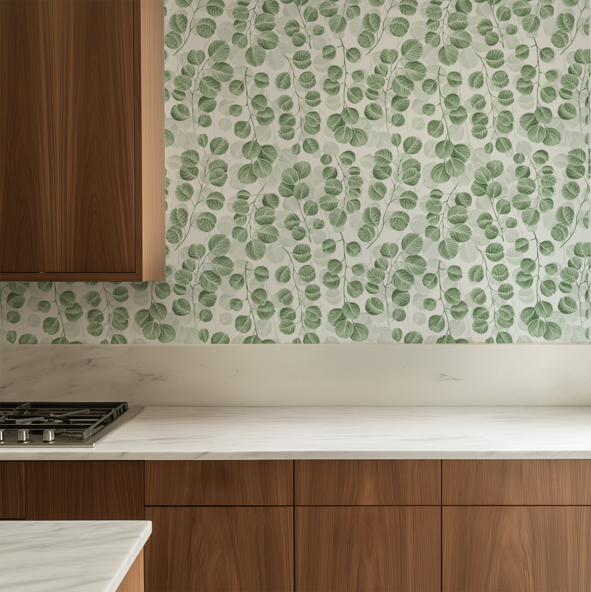 Watercolor Green Cascading Leaves Botanical Peel and Stick Wallpaper, Modern Nature Kitchen Wall Mural