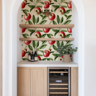 Red Apple and Green Leaf Peel and Stick Wallpaper, Vintage Fruit Orchard Wall Mural, Fresh Kitchen and Dining Decor
