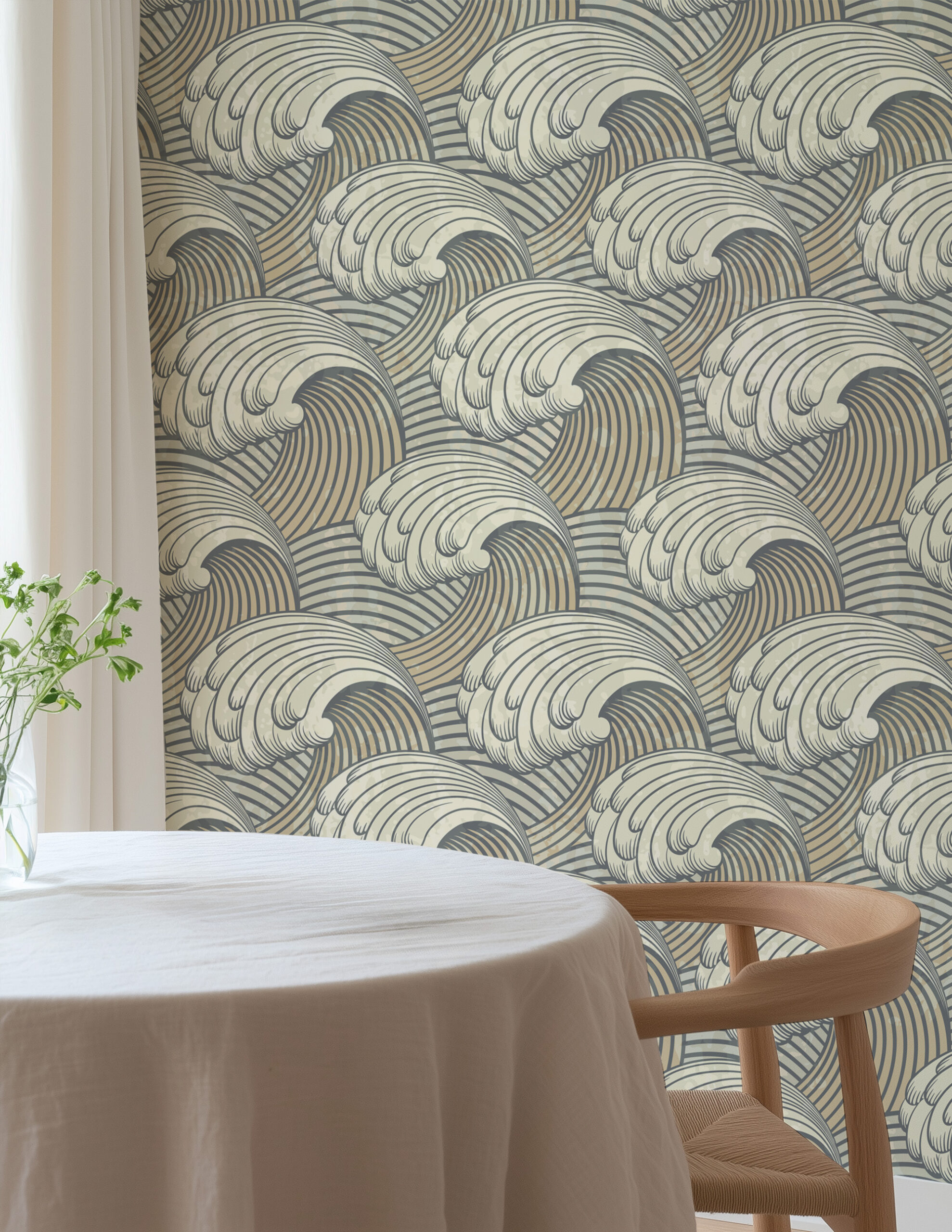 Muted Japanese Great Wave Peel and Stick Wallpaper, Zen Nautical Ocean Wall Mural, Traditional Ukiyo-e Style Dining Decor