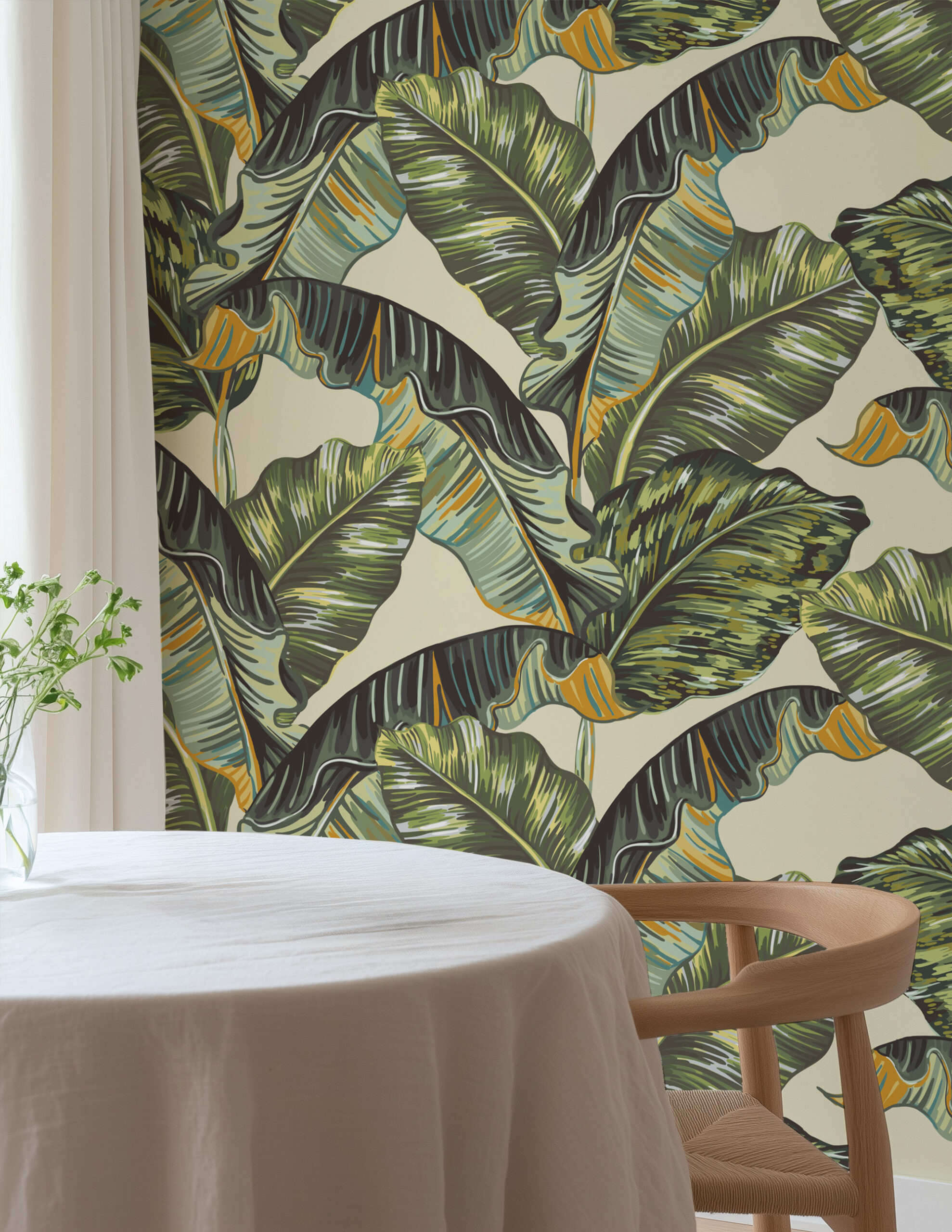 Modern Colorful Banana Leaf Peel and Stick Wallpaper, Bold Tropical Botanical Bathroom Wall Mural