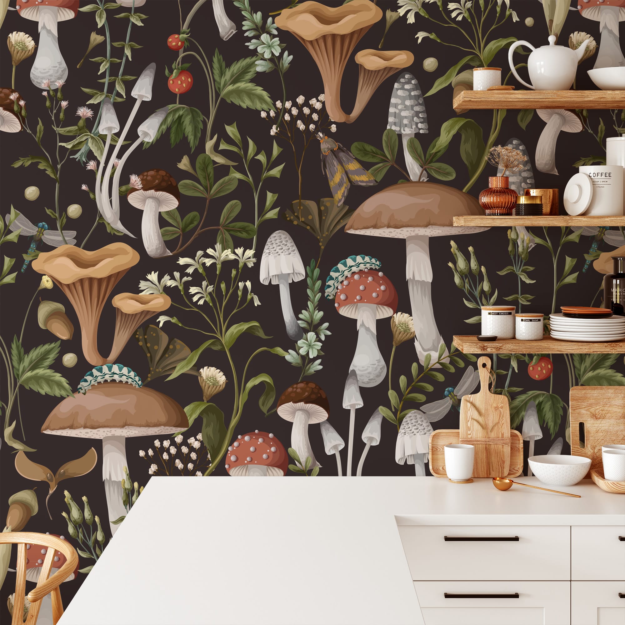 Moody Mushroom and Forest Floor Peel and Stick Wallpaper, Dark Botanical Illustration Wall Mural, Vintage Fungi and Insect Decor