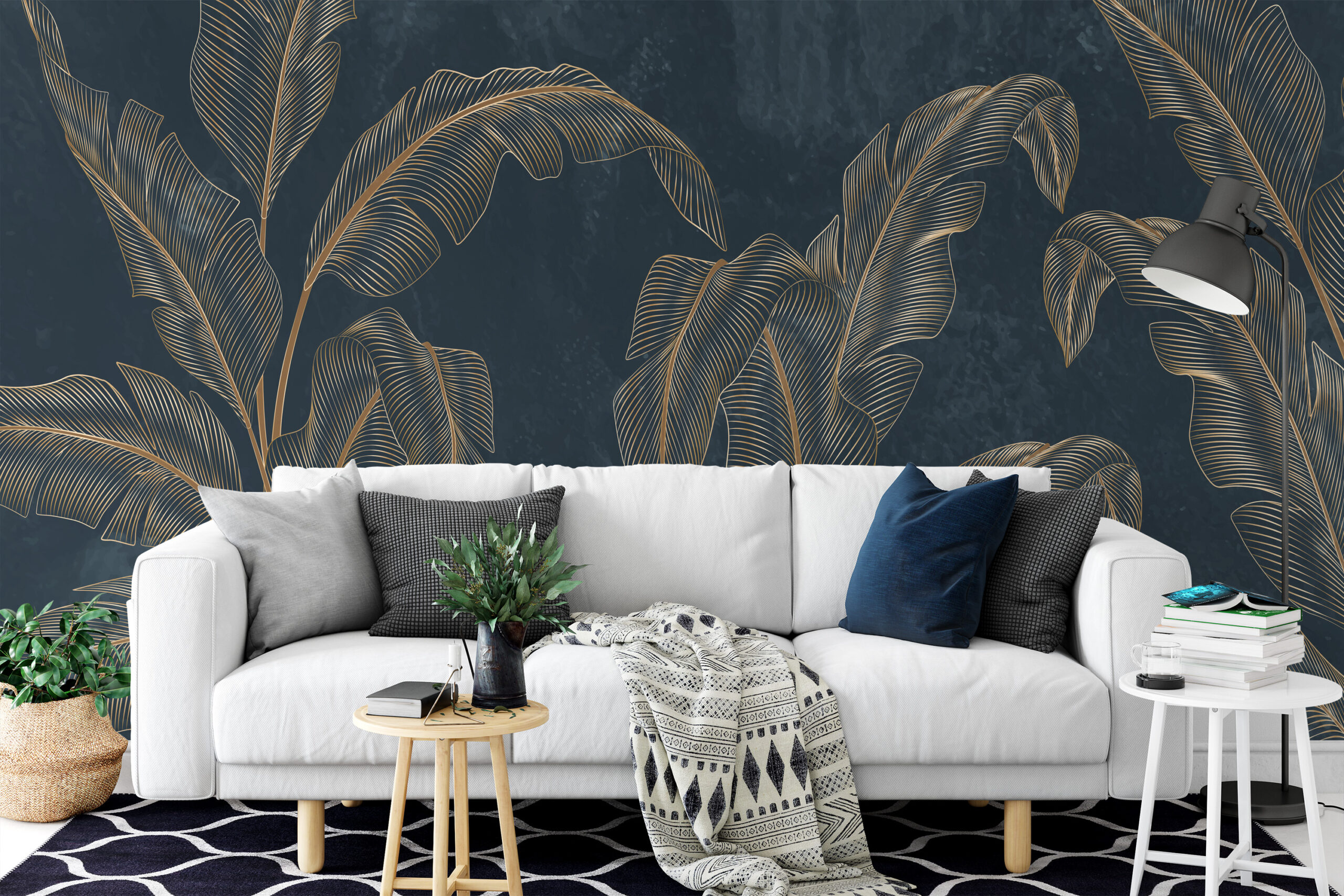 Luxury Gold Tropical Leaf Line Art Peel and Stick Wallpaper, Modern Navy Blue Botanical Wall Mural