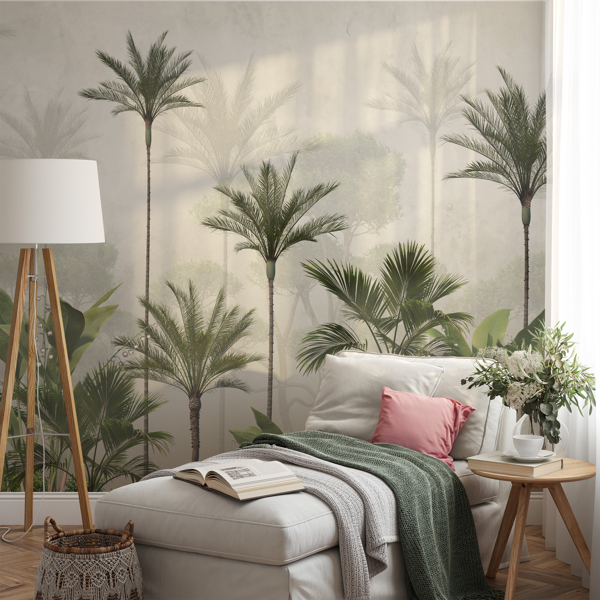 Modern Misty Tropical Palm Tree Peel and Stick Wallpaper, Serene Jungle Nature Bathroom Wall Mural