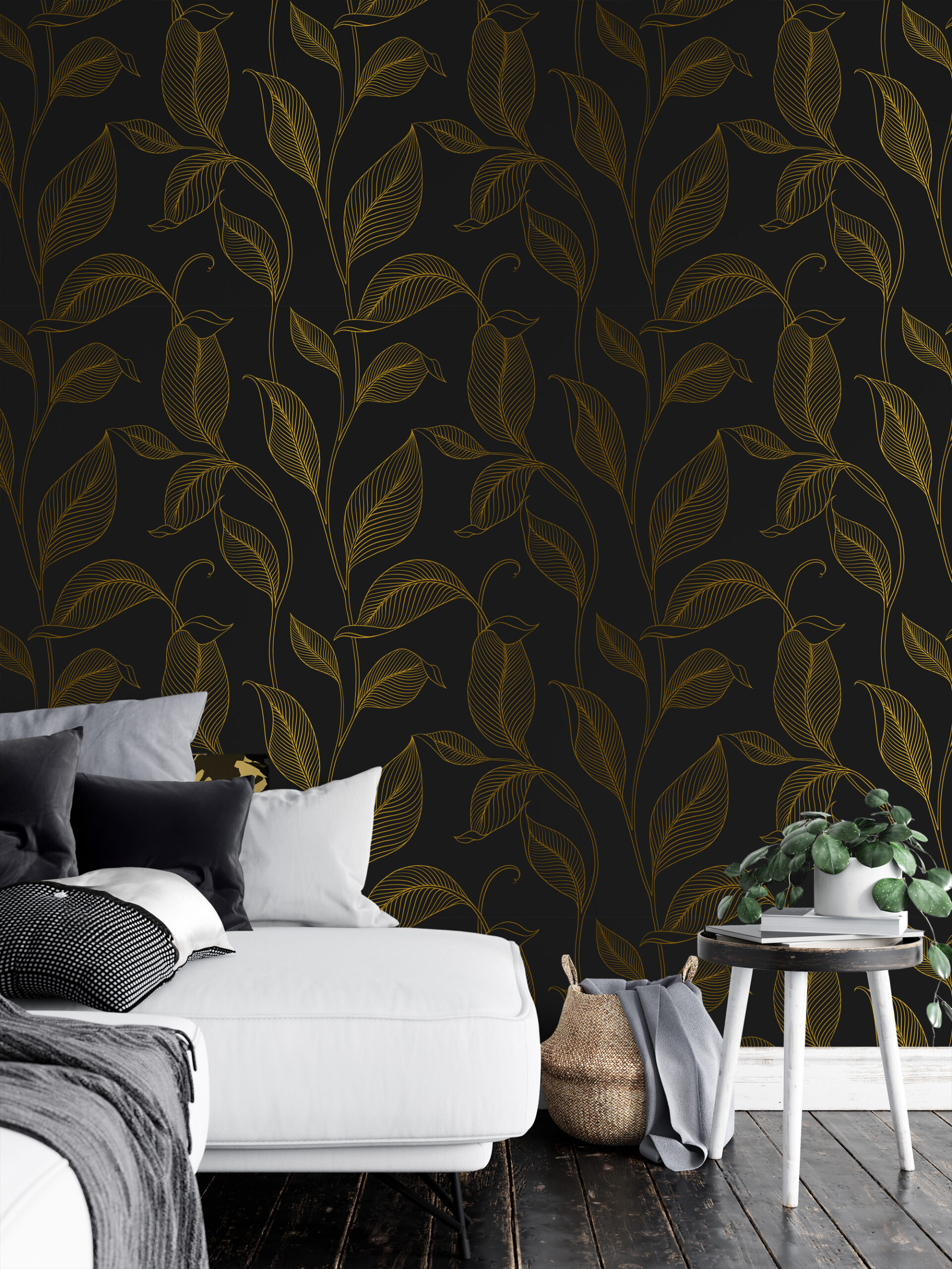 Luxury Black and Gold Botanical Leaf Line Art Peel and Stick Wallpaper, Modern Nature Living Room Wall Mural
