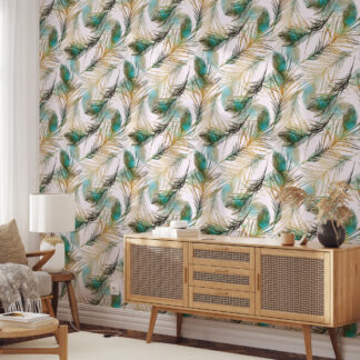 Modern Peacock Feather Peel and Stick Wallpaper, Elegant Teal and Gold Botanical Wall Mural