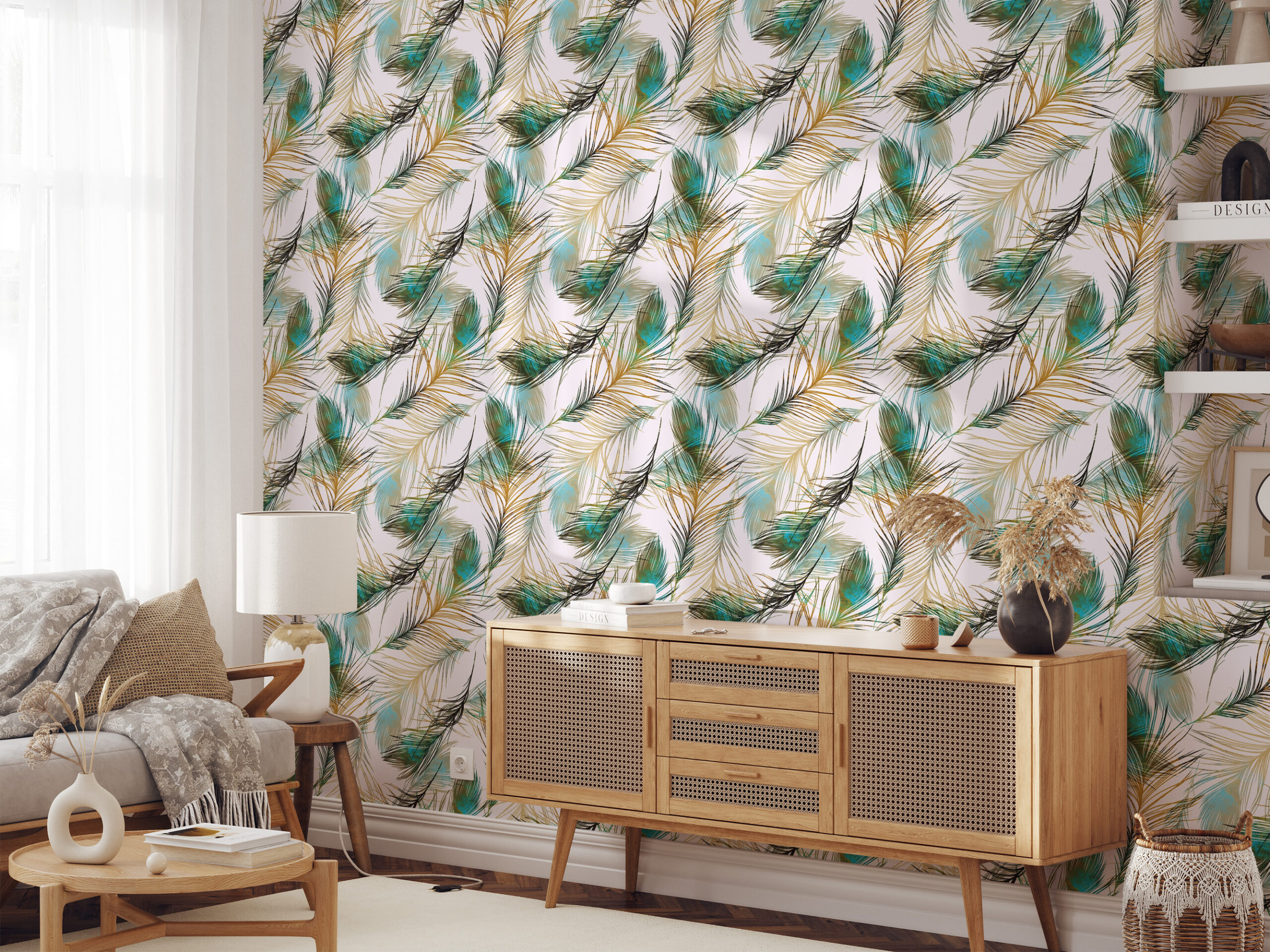 Modern Peacock Feather Peel and Stick Wallpaper, Elegant Teal and Gold Botanical Wall Mural