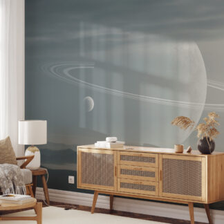 Modern Space Planet with Rings Peel and Stick Wallpaper, Minimalist Cosmic Galaxy Office Wall Mural
