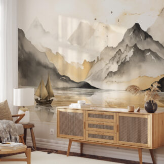 Modern Watercolor Mountain and Sailboat Peel and Stick Wallpaper, Serene Gold and Grey Nature Living Room Wall Mural