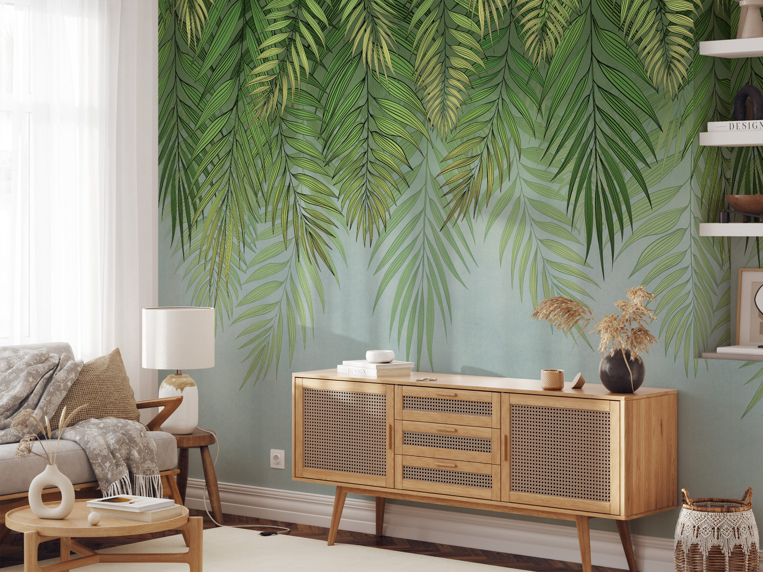 Modern Green Cascading Tropical Palm Leaves Peel and Stick Wallpaper, Botanical Bathroom Wall Mural