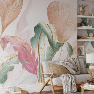 Luxury Colorful Watercolor Tropical Leaves with Gold Outlines Peel and Stick Wallpaper, Modern Pink and Teal Botanical Wall Mural