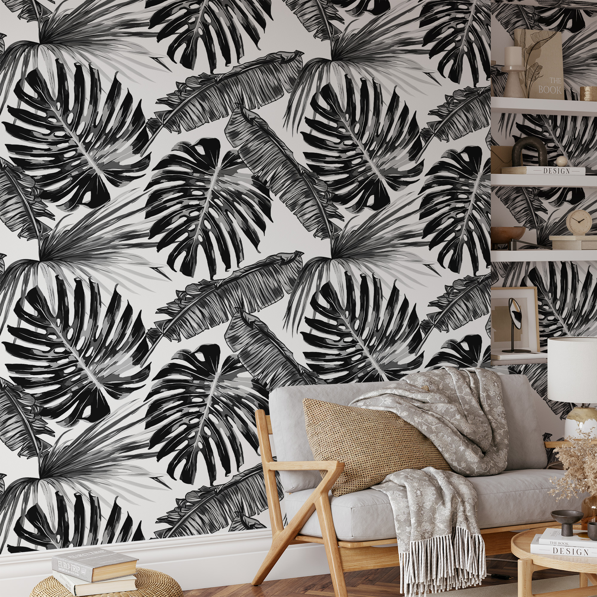 Modern Black and White Monstera and Palm Leaf Peel and Stick Wallpaper, Monochrome Tropical Wall Mural