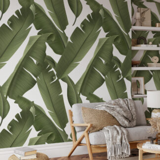 Modern Green Banana Leaf Peel and Stick Wallpaper, Large Scale Tropical Botanical Living Room Wall Mural