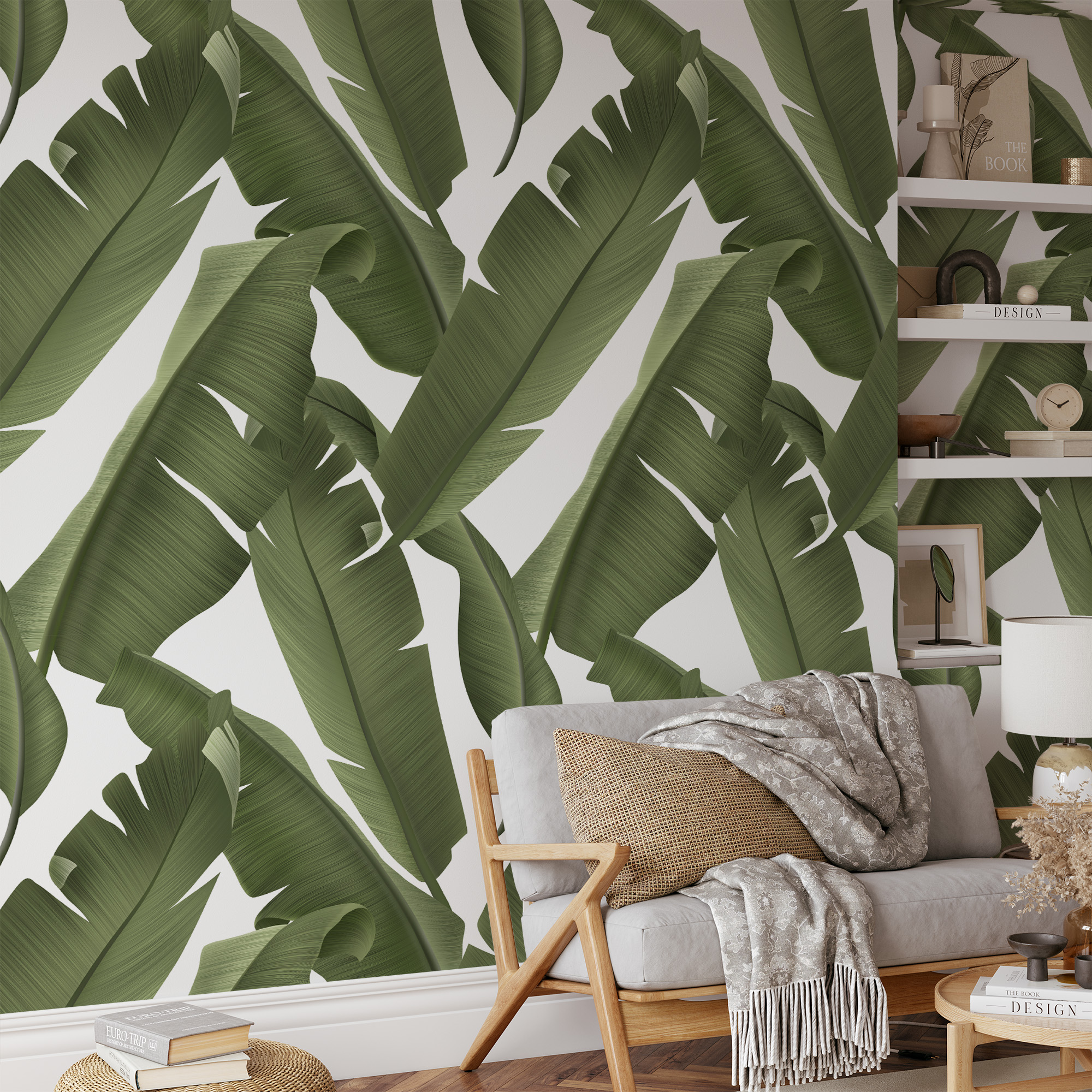 Modern Green Banana Leaf Peel and Stick Wallpaper, Large Scale Tropical Botanical Living Room Wall Mural
