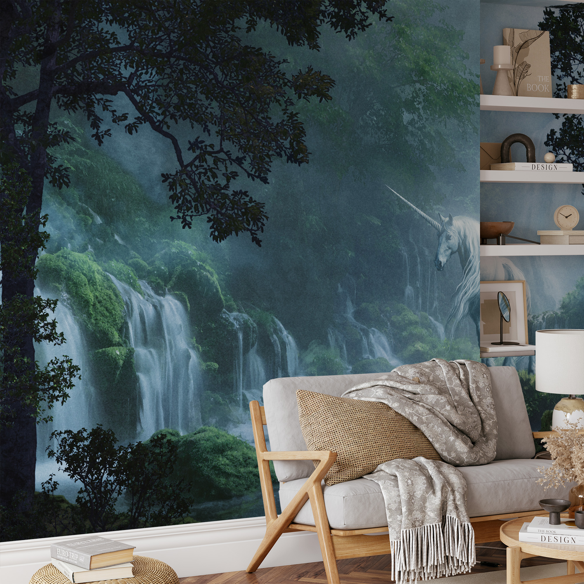 Modern Enchanted Unicorn and Waterfall Peel and Stick Wallpaper, Mystical Forest Nature Wall Mural