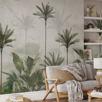 Modern Misty Tropical Palm Tree Peel and Stick Wallpaper, Serene Jungle Nature Bathroom Wall Mural