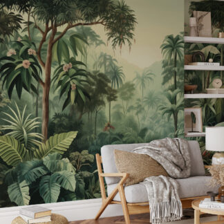 Modern Lush Tropical Jungle Peel and Stick Wallpaper, Illustrative Green Palm Forest Wall Mural