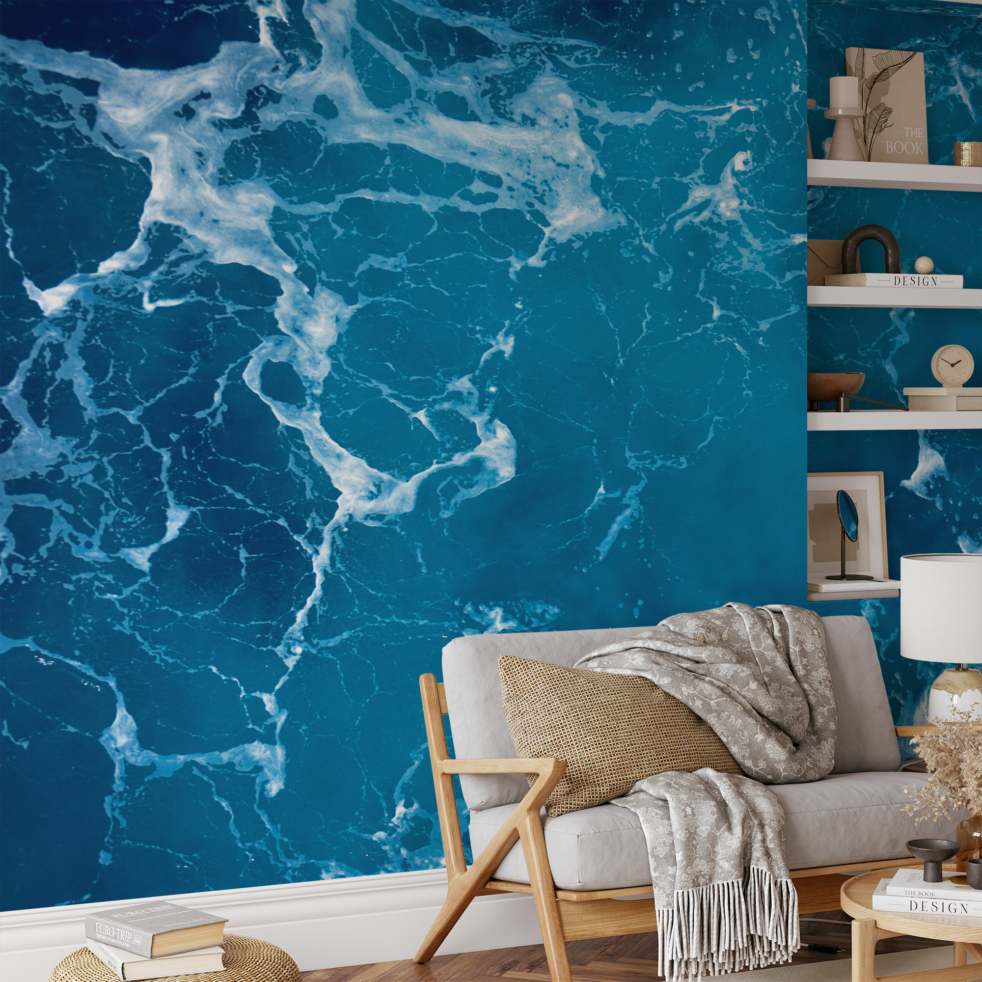 Modern Deep Blue Ocean Splash Peel and Stick Wallpaper, Nautical Sea Foam Bathroom Wall Mural