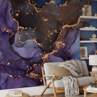 Luxury Purple and Navy Alcohol Ink Peel and Stick Wallpaper, Abstract Gold Vein Wall Mural, Modern Artistic Interior Decor