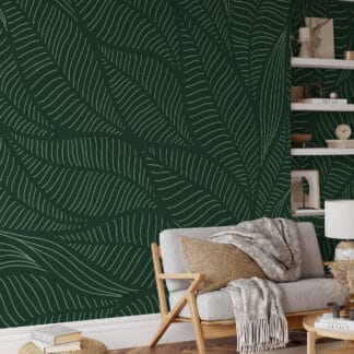 Modern Forest Green Tropical Leaf Line Art Peel and Stick Wallpaper, Large Scale Botanical Living Room Wall Mural