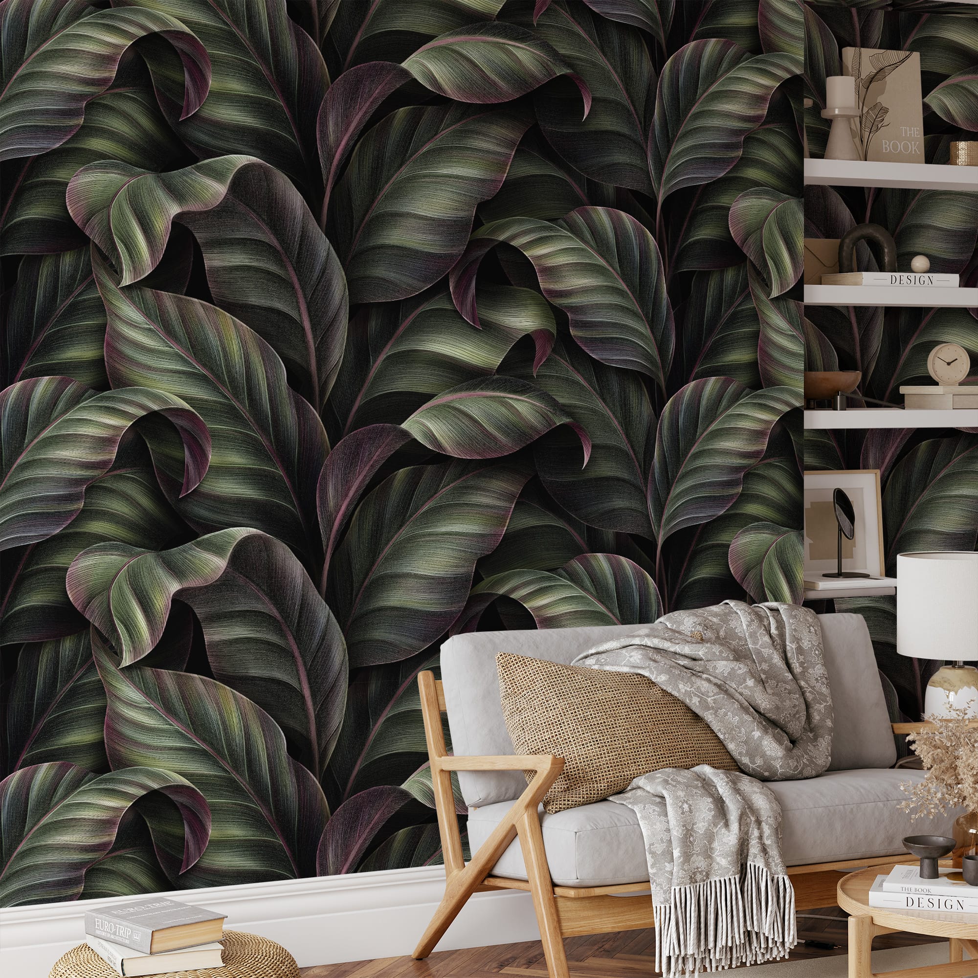 Moody Dark Tropical Leaves Botanical Peel and Stick Wallpaper, Bold Deep Green and Maroon Nature Wall Mural