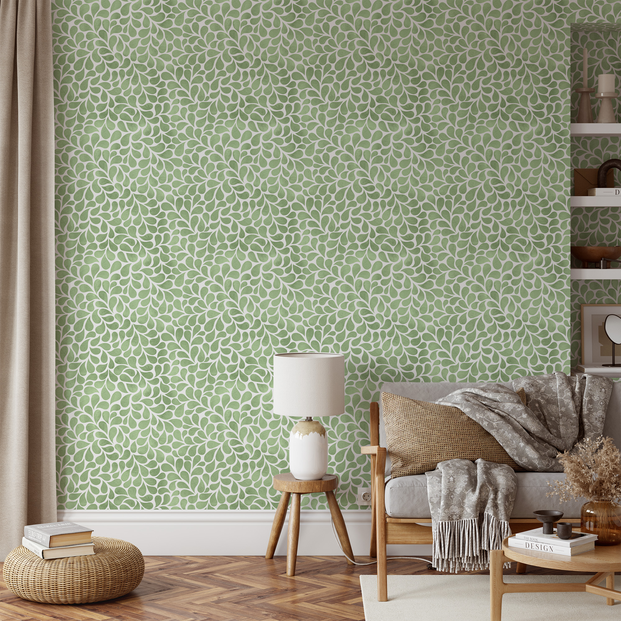 Sage Green Watercolor Leaf Drops Peel and Stick Wallpaper, Modern Botanical Bathroom Wall Mural