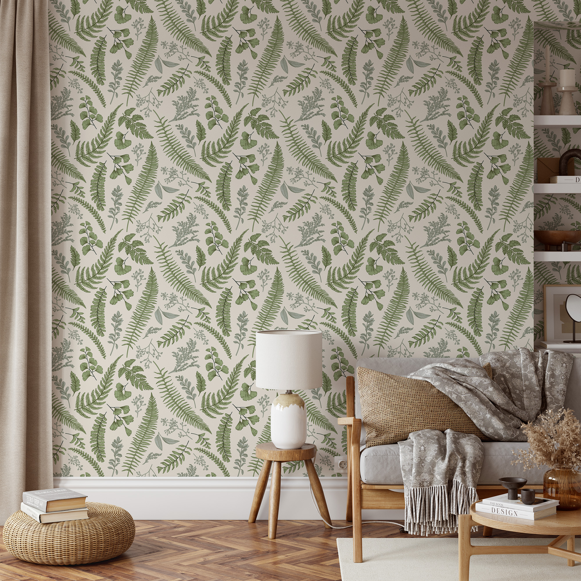 Vintage Botanical Fern and Forest Foliage Peel and Stick Wallpaper, Modern Sage Green Nature Wall Mural