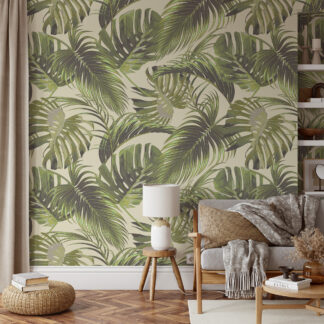 Modern Cream and Green Monstera Palm Leaf Peel and Stick Wallpaper, Large Scale Tropical Botanical Wall Mural