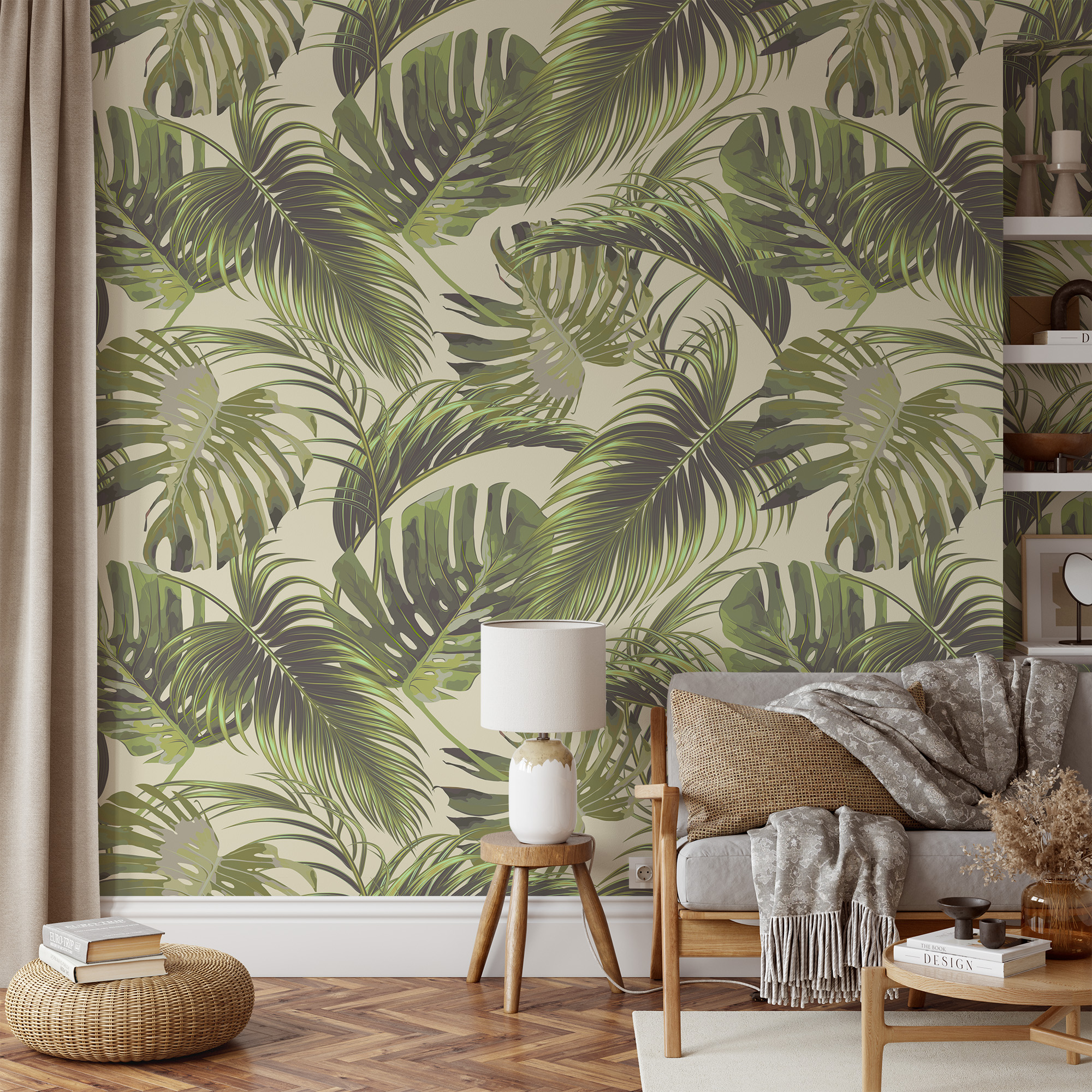 Modern Cream and Green Monstera Palm Leaf Peel and Stick Wallpaper, Large Scale Tropical Botanical Wall Mural