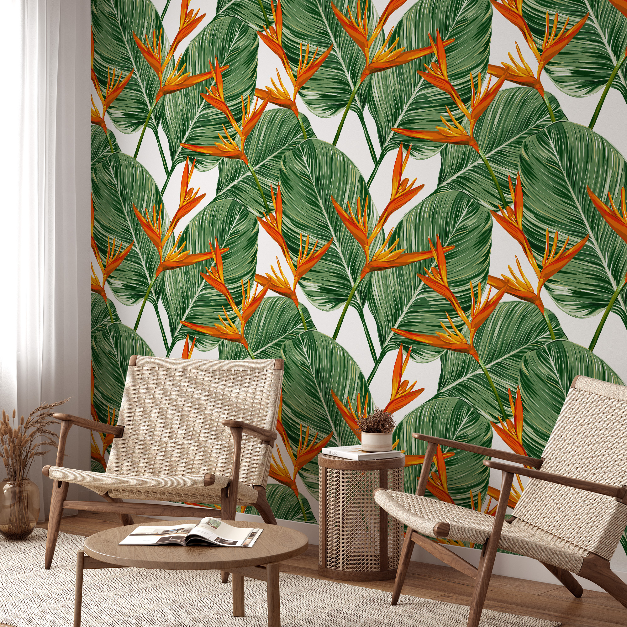 Modern Tropical Bird of Paradise Leaf Peel and Stick Wallpaper, Bold Green and Orange Botanical Wall Mural