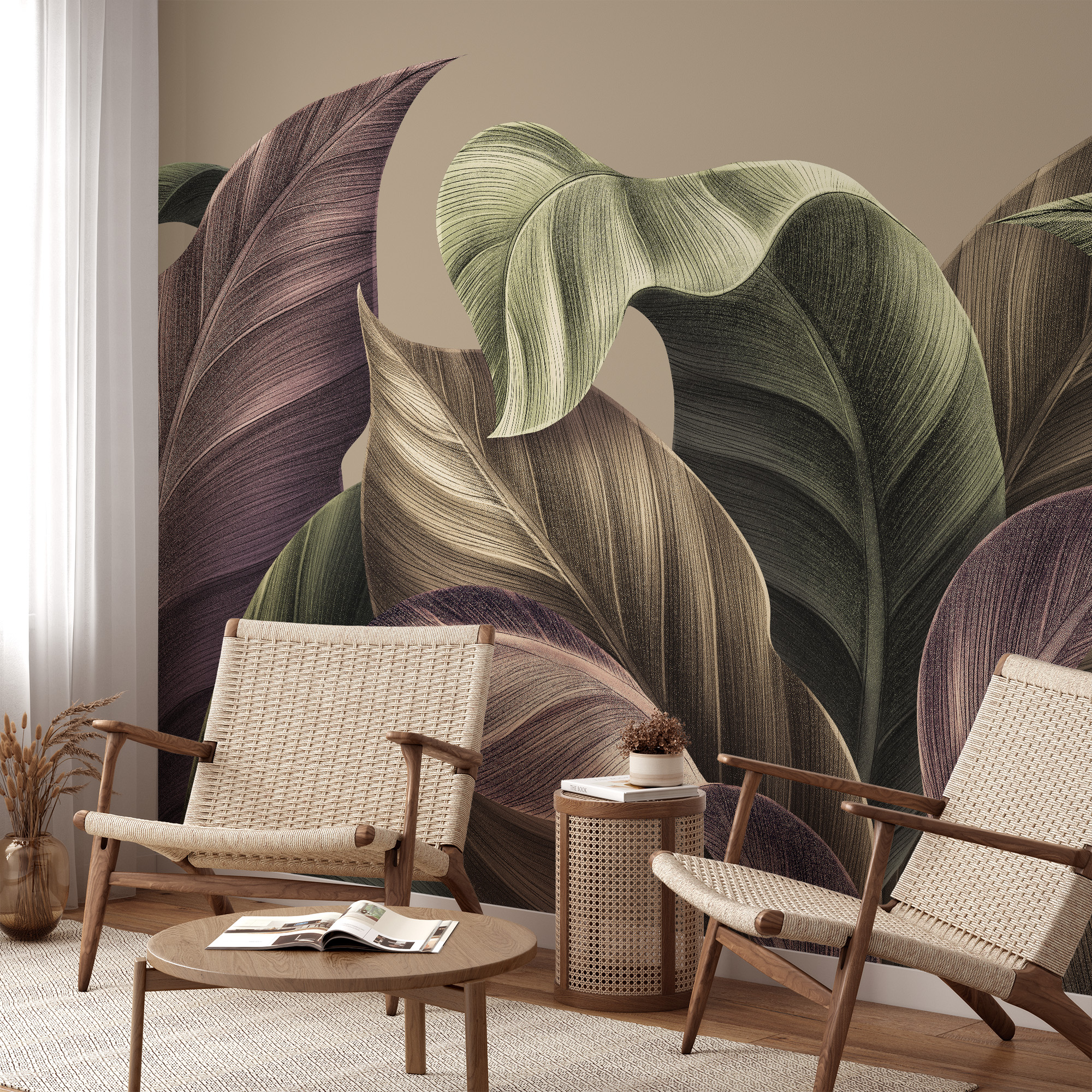 Luxury Large Scale Earthy Tropical Leaves Peel and Stick Wallpaper, Modern Muted Botanical Wall Mural