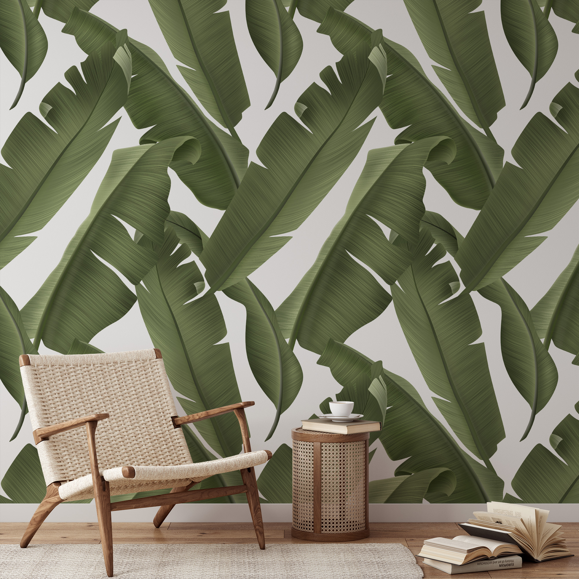 Modern Green Banana Leaf Peel and Stick Wallpaper, Large Scale Tropical Botanical Living Room Wall Mural