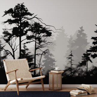 Modern Black and White Misty Forest Silhouette Peel and Stick Wallpaper, Dramatic Pine Tree Nature Wall Mural