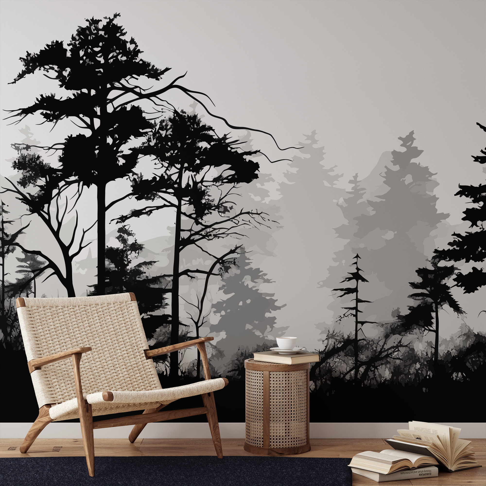 Modern Black and White Misty Forest Silhouette Peel and Stick Wallpaper, Dramatic Pine Tree Nature Wall Mural