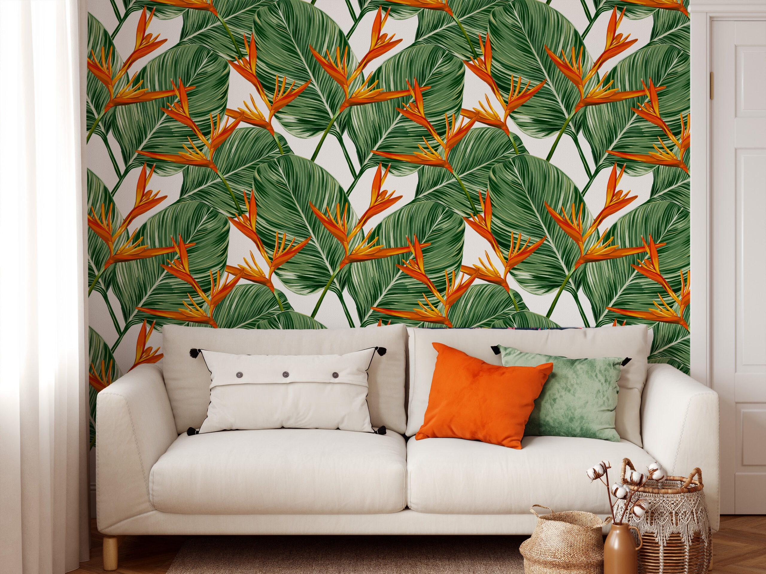 Modern Tropical Bird of Paradise Leaf Peel and Stick Wallpaper, Bold Green and Orange Botanical Wall Mural