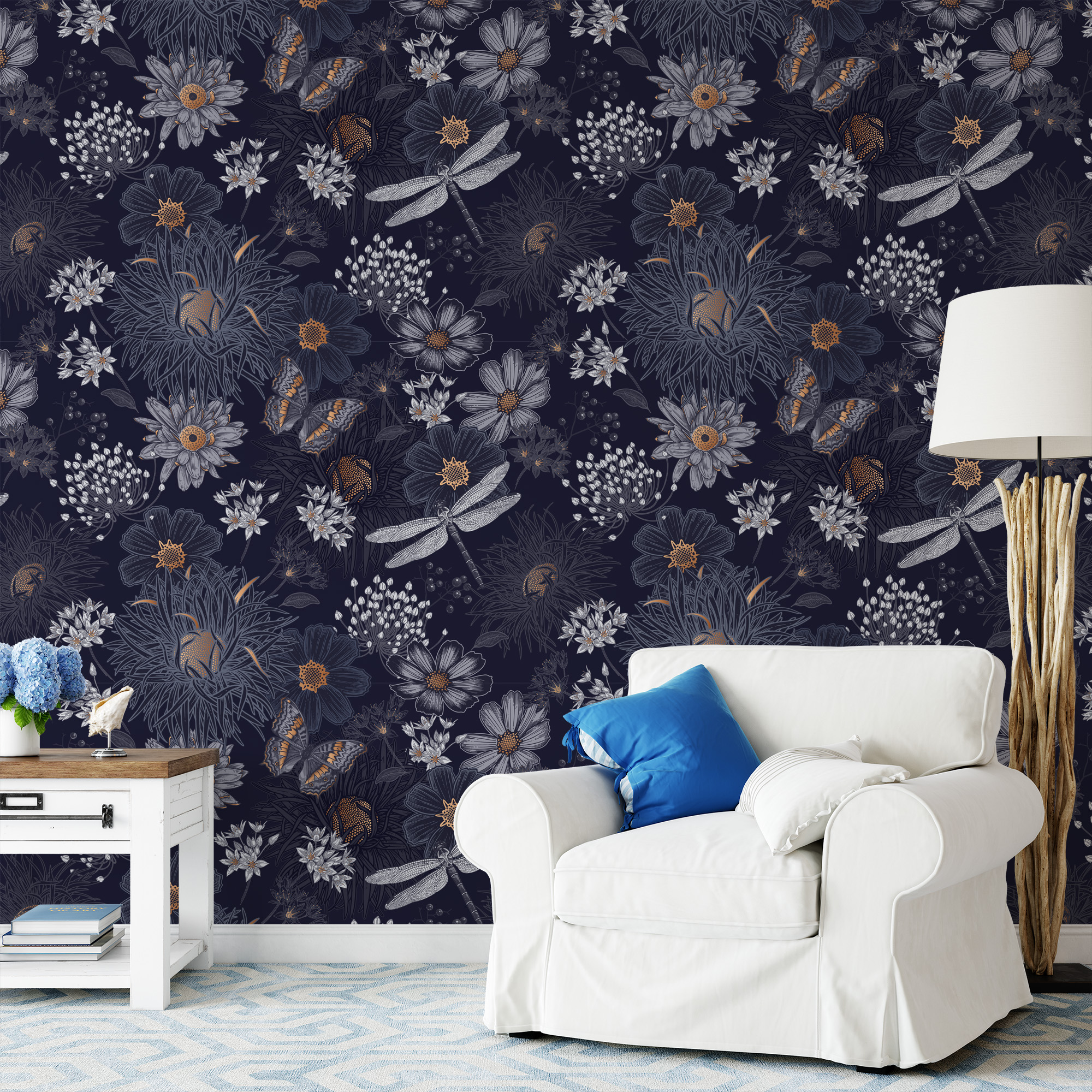 Moody Navy Butterfly and Dragonfly Peel and Stick Wallpaper, Mystical Dark Floral Wall Mural, Vintage Botanical Living Room Decor