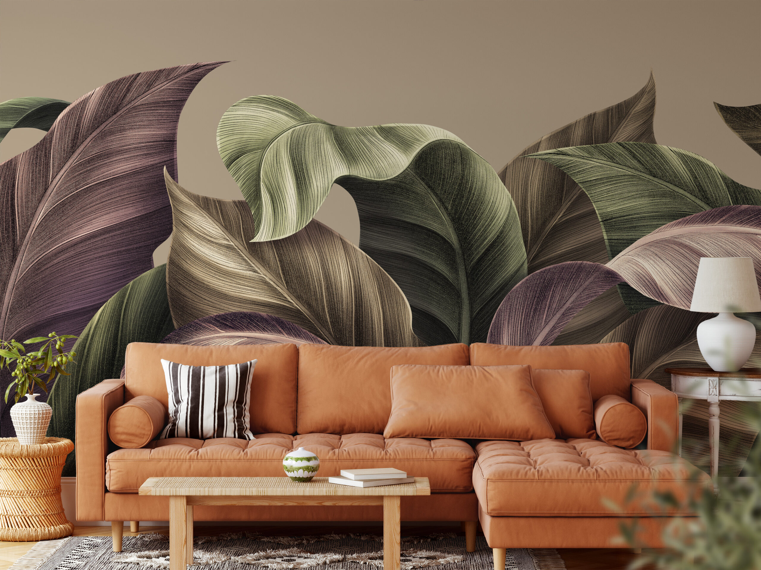 Luxury Large Scale Earthy Tropical Leaves Peel and Stick Wallpaper, Modern Muted Botanical Wall Mural