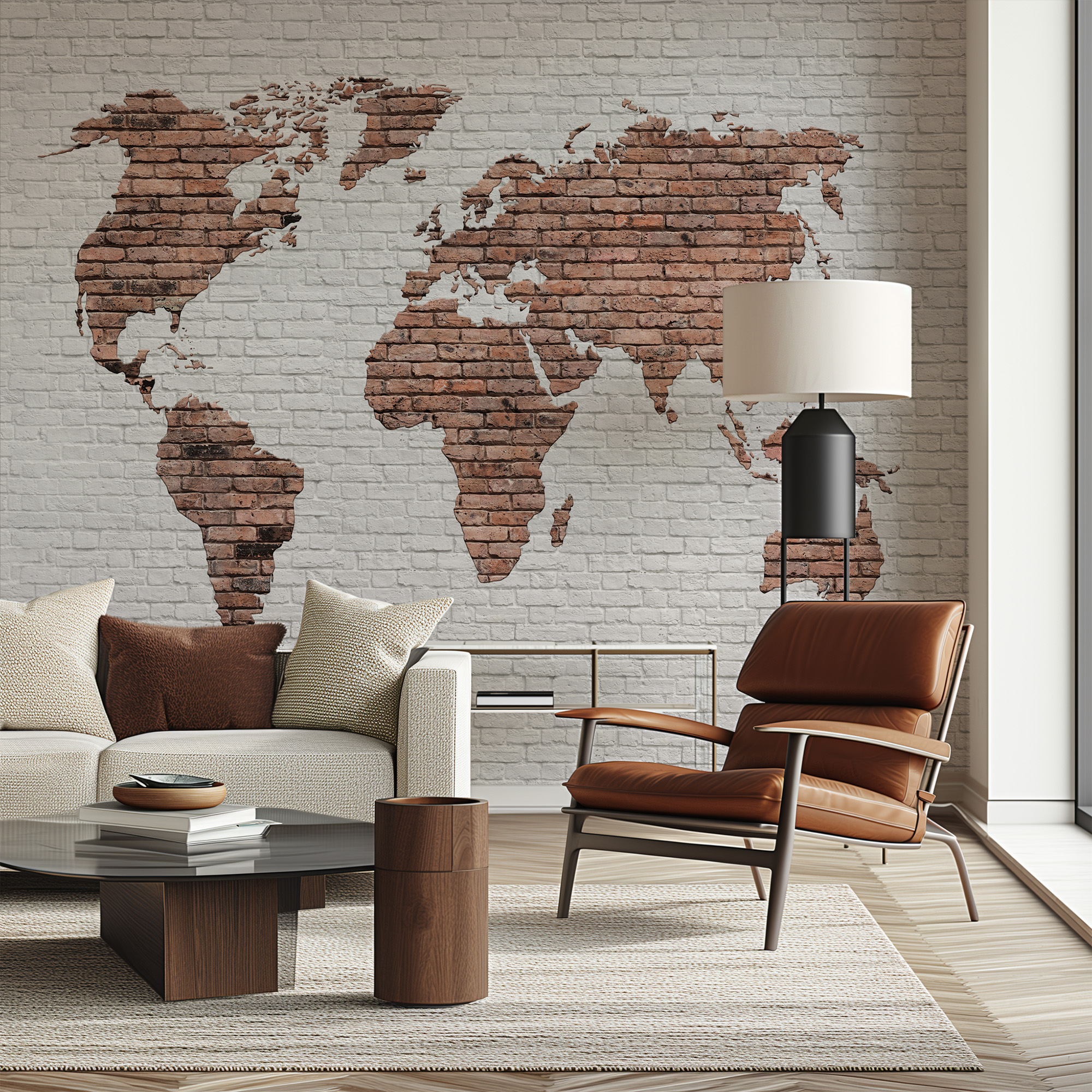 Modern Industrial Brick World Map Peel and Stick Wallpaper, Global Office Wall Mural