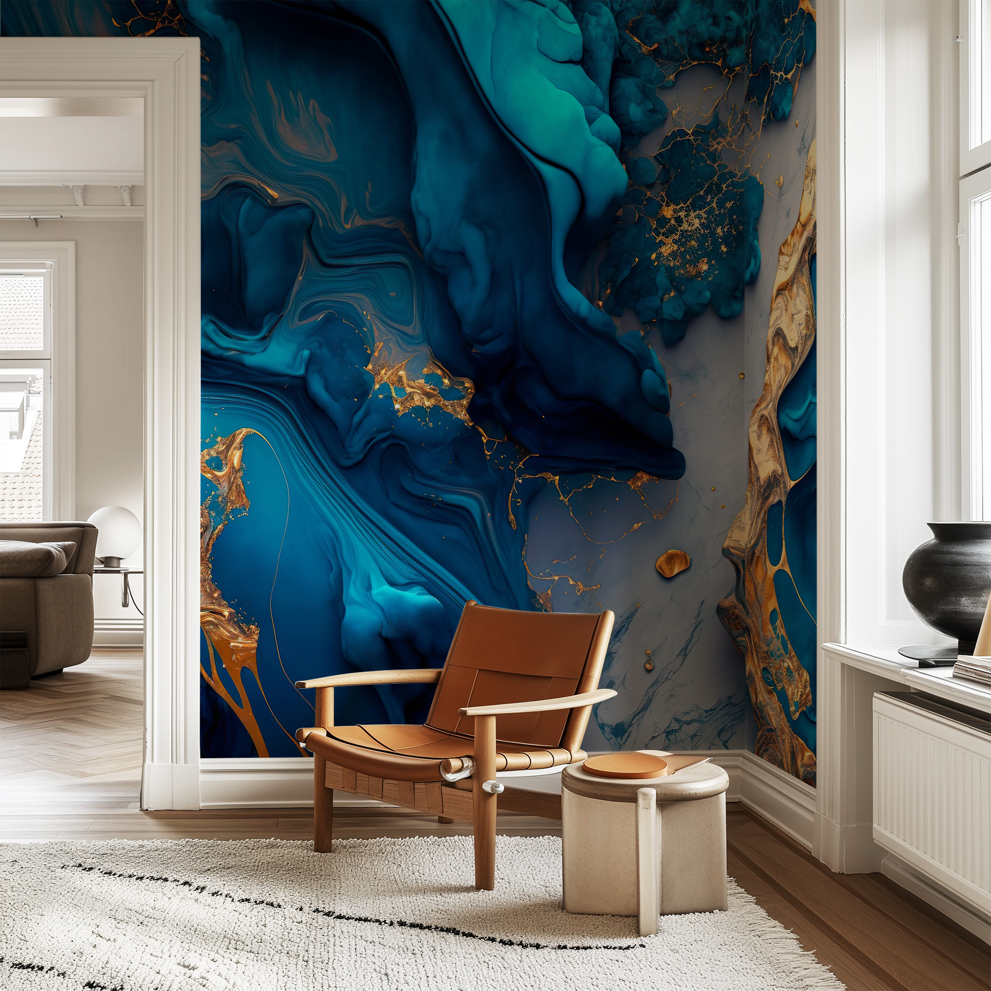 Luxury Teal and Gold Fluid Ink Peel and Stick Wallpaper, Abstract Ocean Blue Wall Mural, Modern Artistic Interior Decor