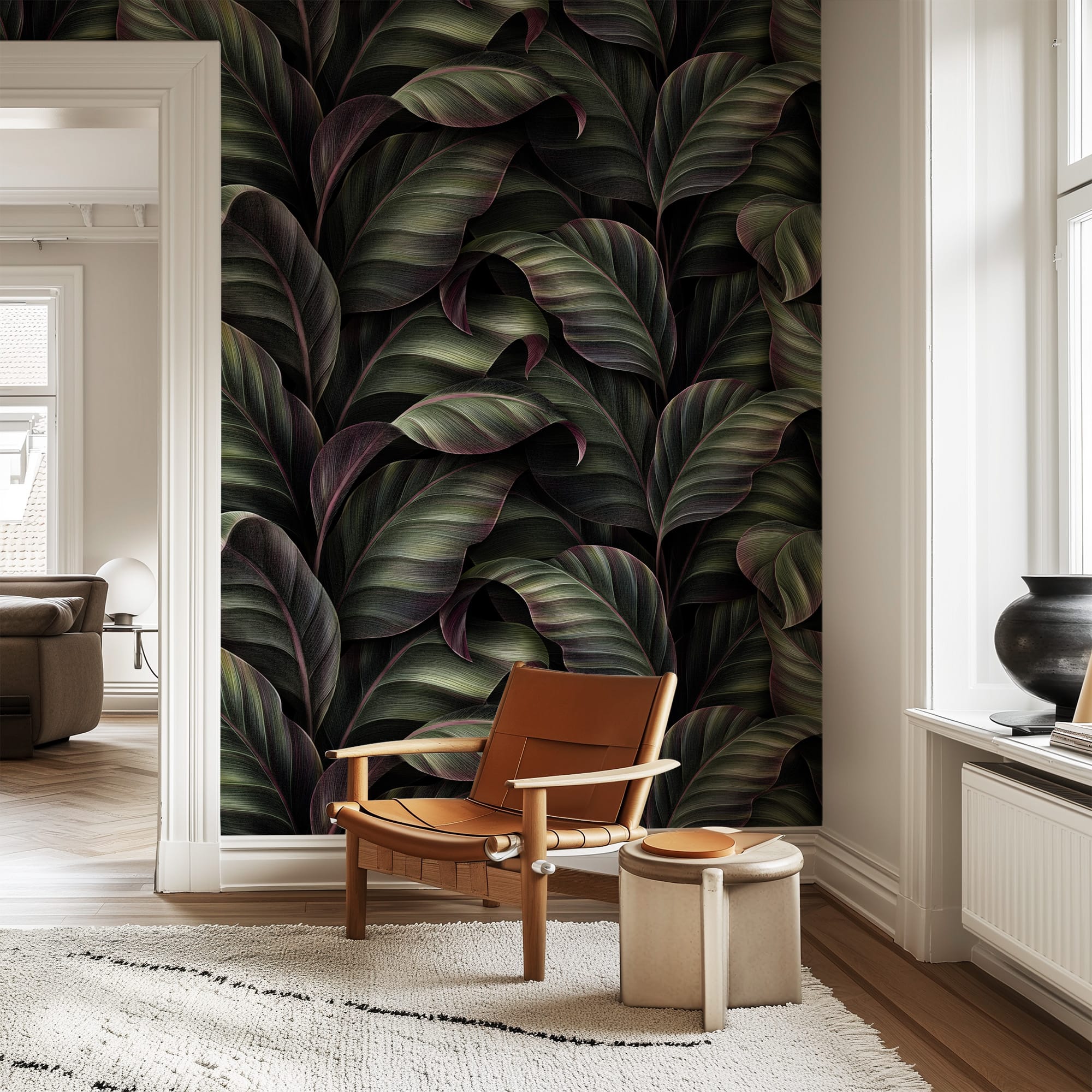 Moody Dark Tropical Leaves Botanical Peel and Stick Wallpaper, Bold Deep Green and Maroon Nature Wall Mural