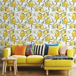 Watercolor Lemon Peel and Stick Wallpaper, Yellow Citrus Fruit Wall Mural, Fresh Botanical Mediterranean Decor