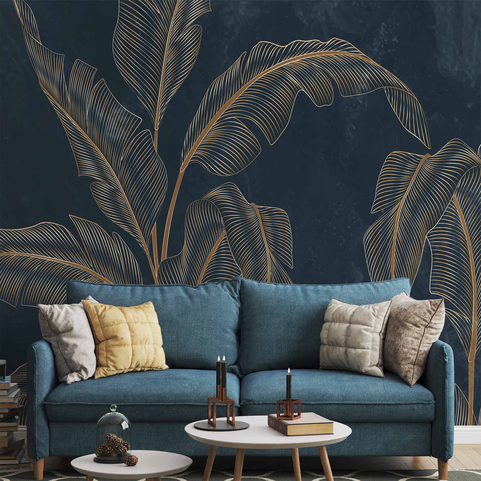 Luxury Gold Tropical Leaf Line Art Peel and Stick Wallpaper, Modern Navy Blue Botanical Wall Mural
