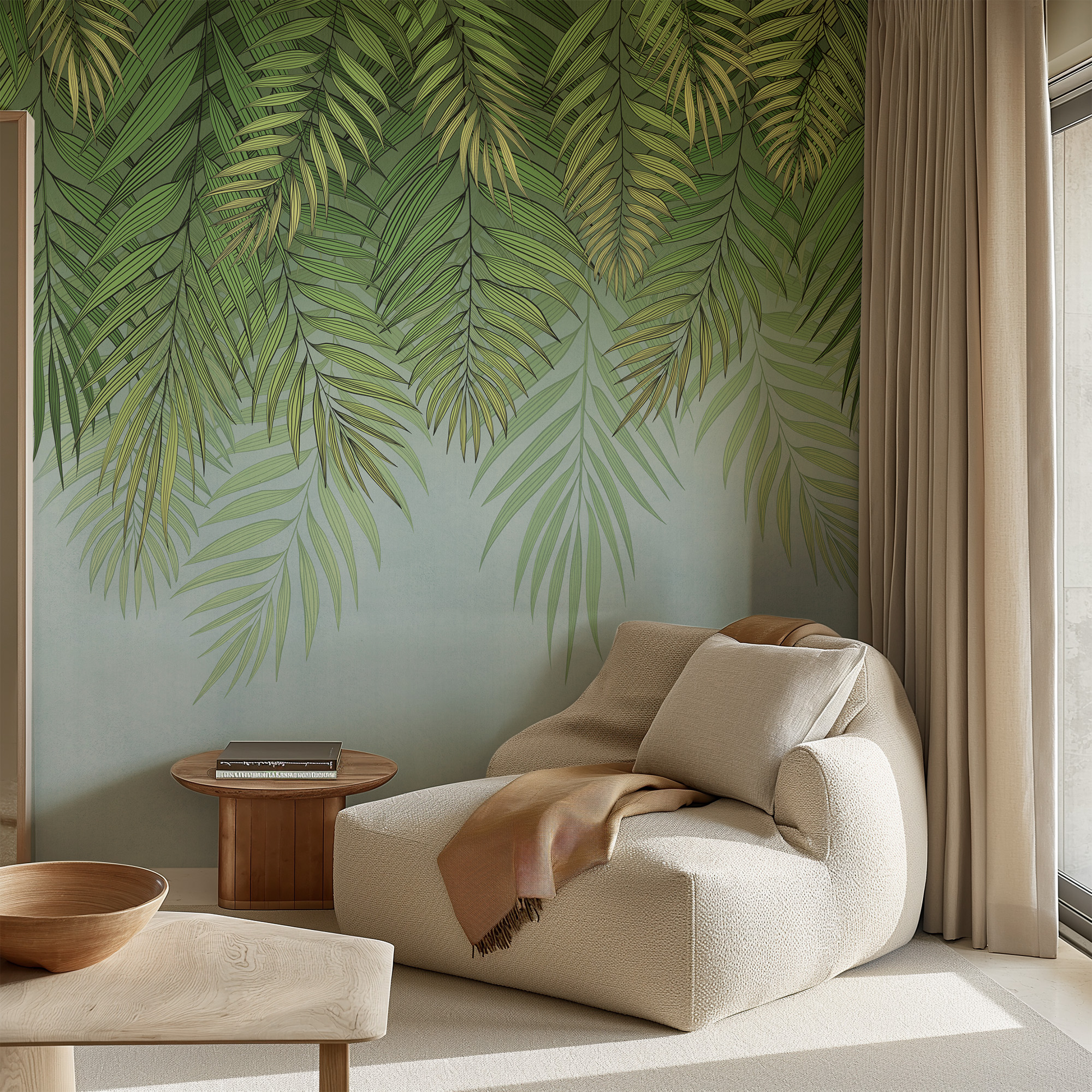 Modern Green Cascading Tropical Palm Leaves Peel and Stick Wallpaper, Botanical Bathroom Wall Mural