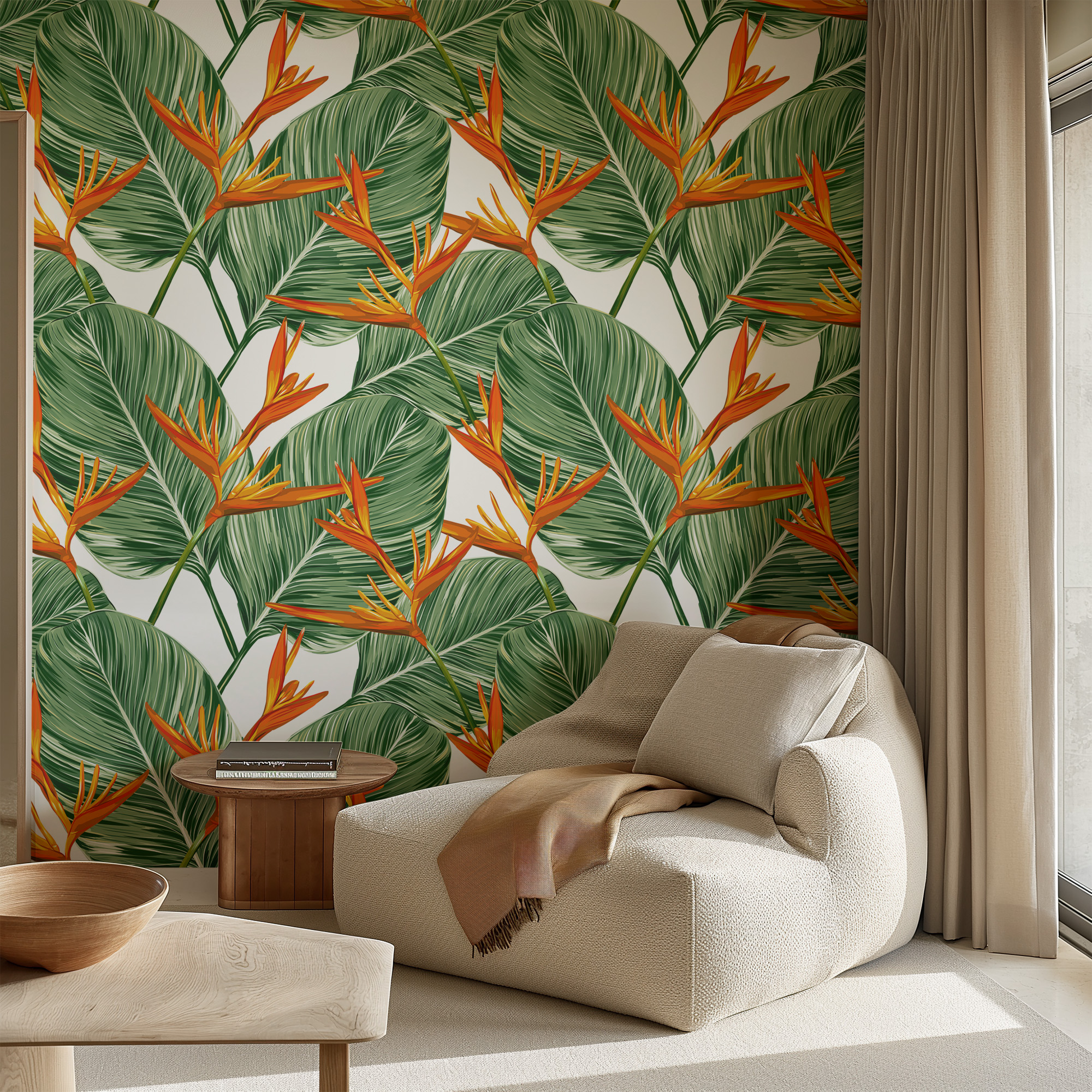 Modern Tropical Bird of Paradise Leaf Peel and Stick Wallpaper, Bold Green and Orange Botanical Wall Mural