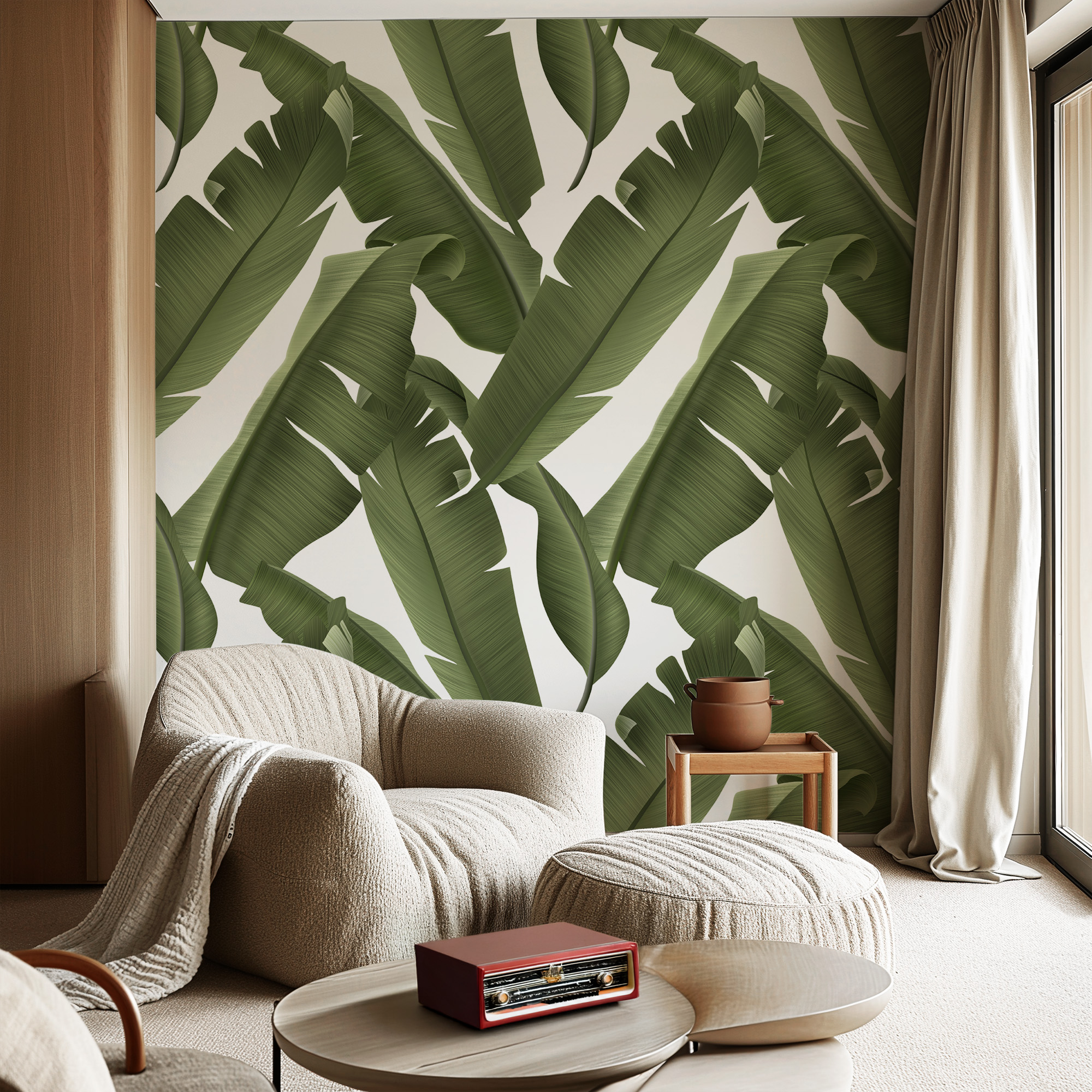 Modern Green Banana Leaf Peel and Stick Wallpaper, Large Scale Tropical Botanical Living Room Wall Mural