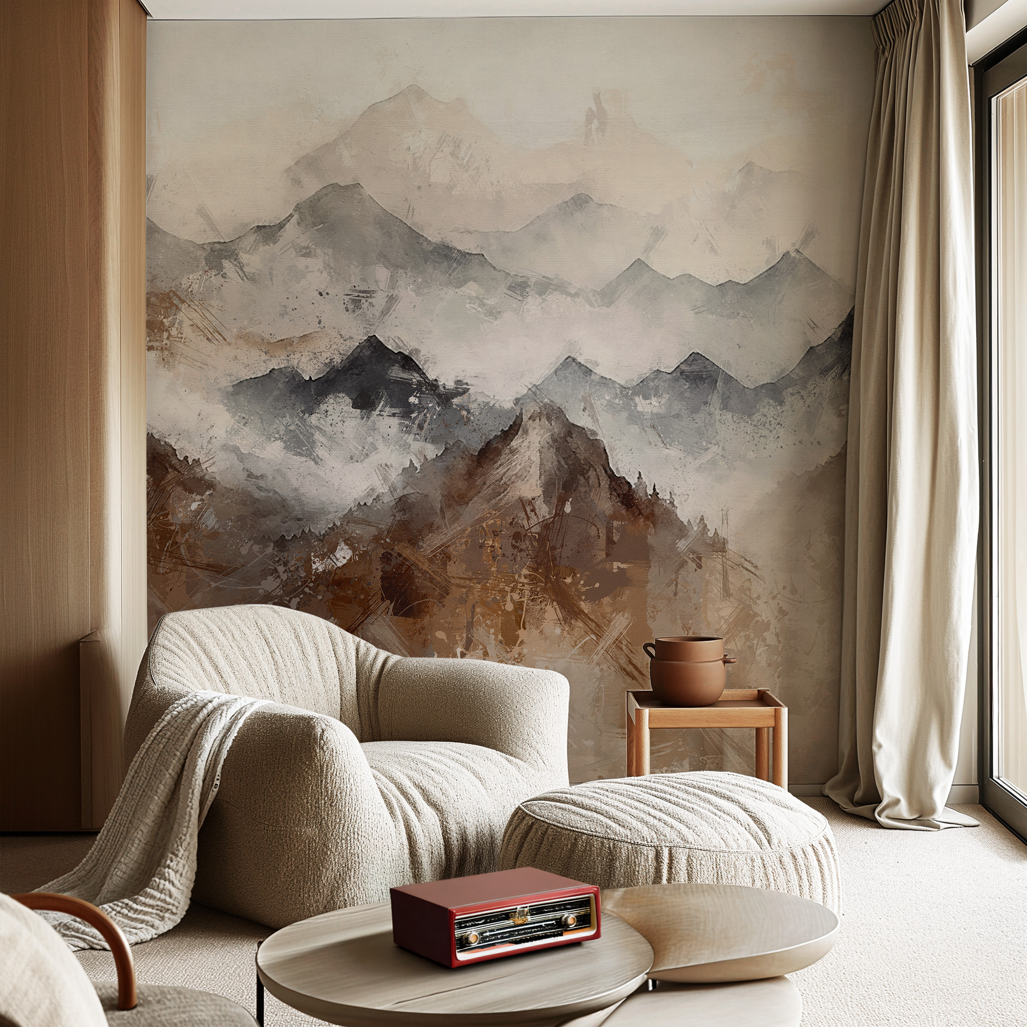 Modern Abstract Earthy Mountain Watercolor Peel and Stick Wallpaper, Rustic Brown and Grey Wall Mural