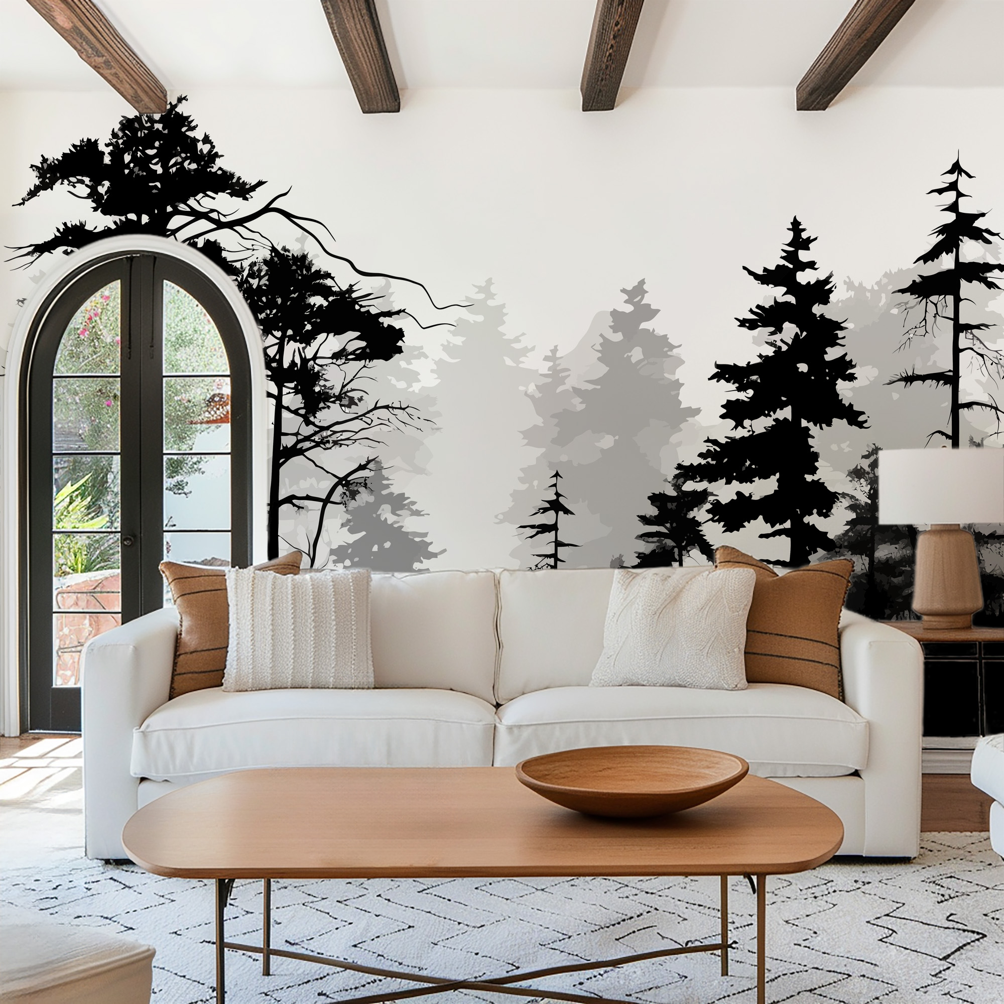 Modern Black and White Misty Forest Silhouette Peel and Stick Wallpaper, Dramatic Pine Tree Nature Wall Mural