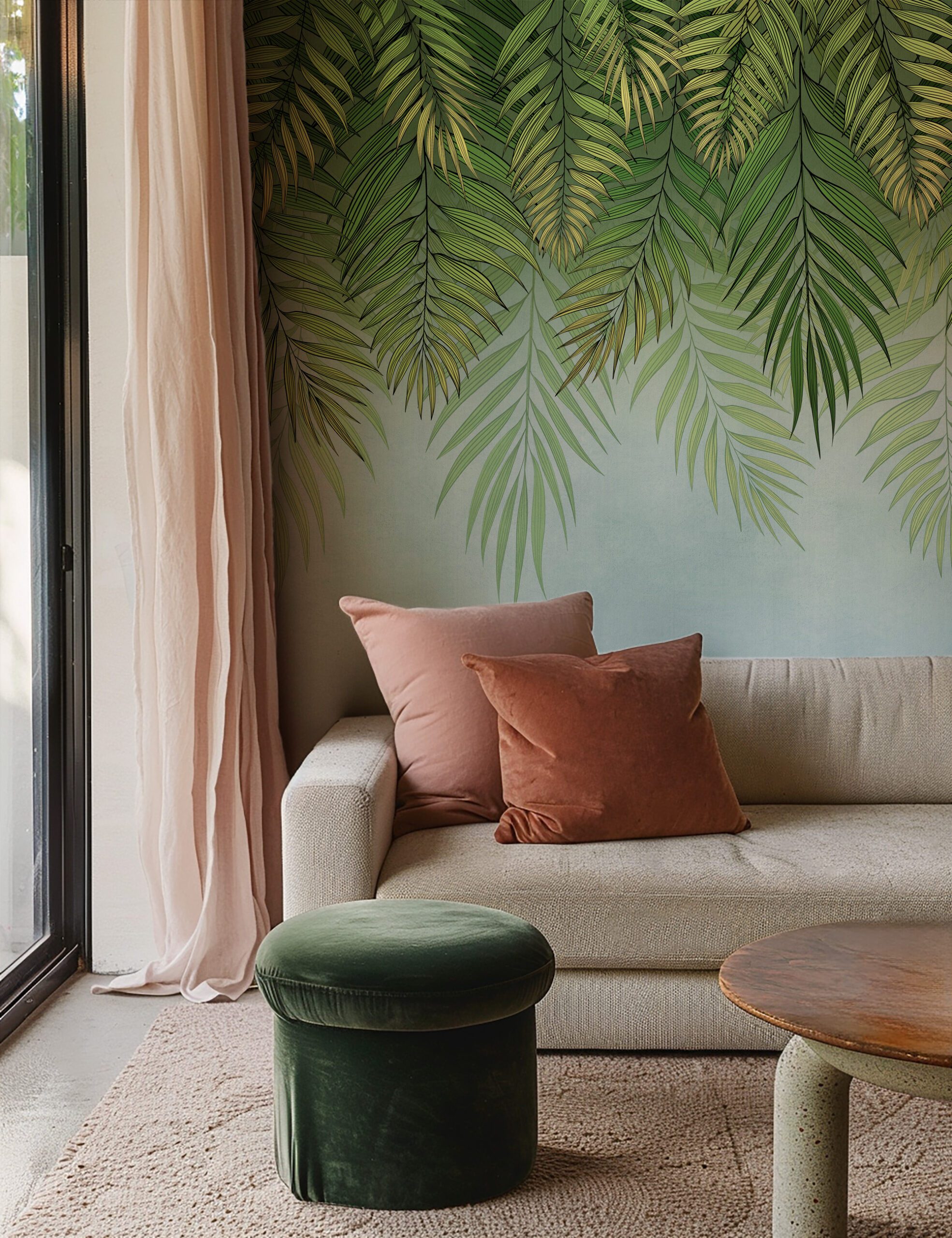 Modern Green Cascading Tropical Palm Leaves Peel and Stick Wallpaper, Botanical Bathroom Wall Mural